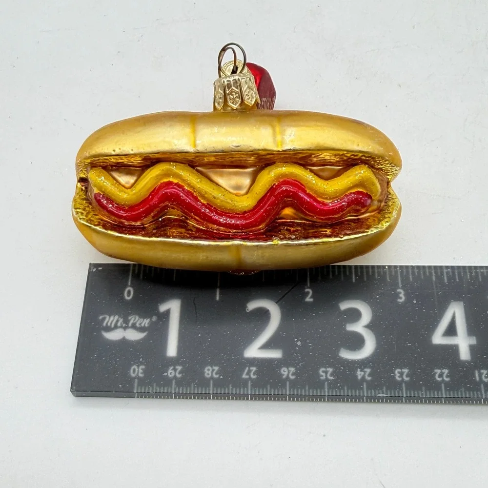 Vintage Hot Dog Glass Christmas Ornament with Ketchup Bottle Charm Red Gold